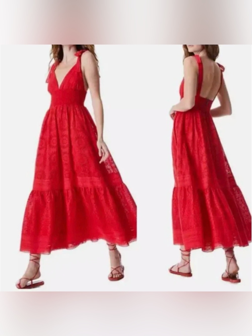 Alice + Olivia Levine Embroidered Eyelet Red Midi Dress Sz 4 Smocked Waist